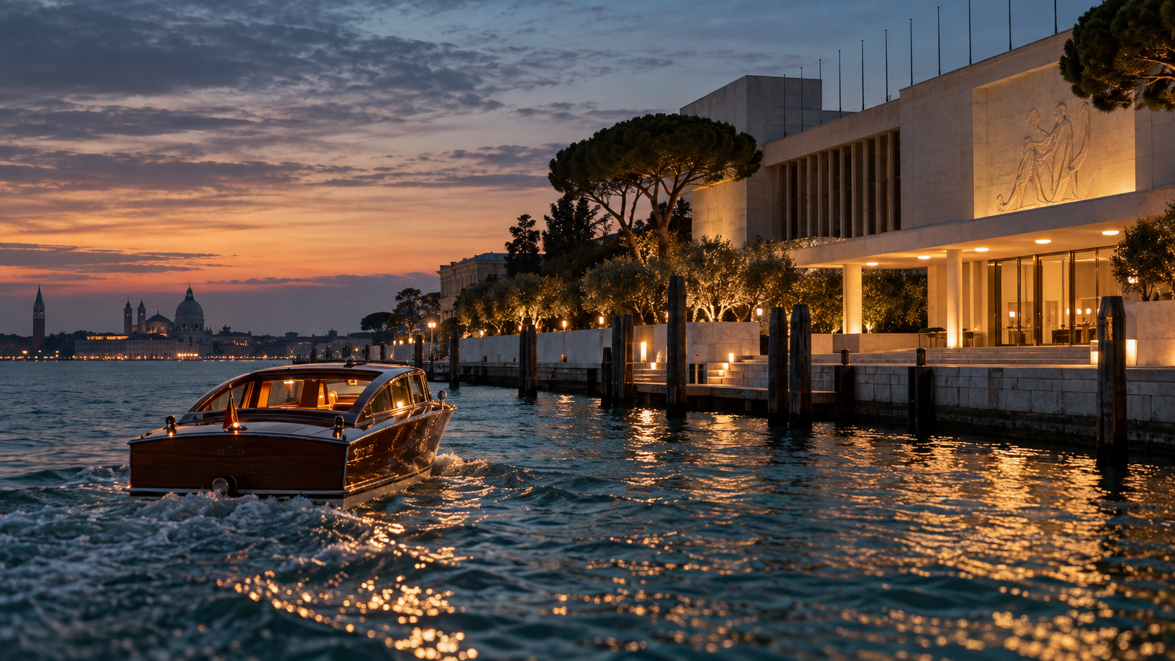 A water taxi arriving at the Venice Lido at dusk