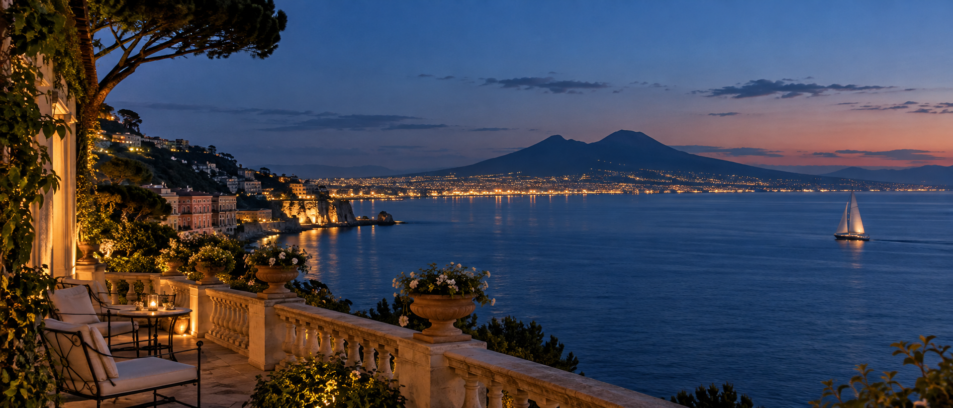 The Bay of Naples at blue hour, seen from a quiet terrace
